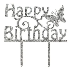 Sale Culpitt Taarttopper Acryl Happy Birthday Zilver 150x85mm